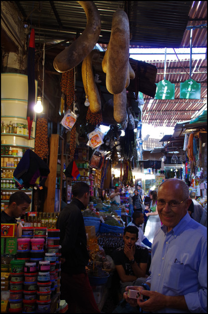 My dad laughing at what we've just been told by a vendor in the Mrrakesh Medina. The gourds over his head, we were told, are a male stimulant that will make you as big as they are.