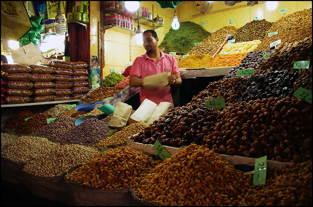 A fruit and nut vendor in the Marakesh Medina. I bought some candy covered nuts and brought them home to my wife and kids, who devoured them.