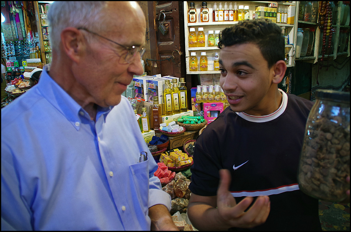 My dad being hustled by a vendor in the Marrakesh Medina. This kid was impressive, and we ended up spending a fair amount of money in his shop.