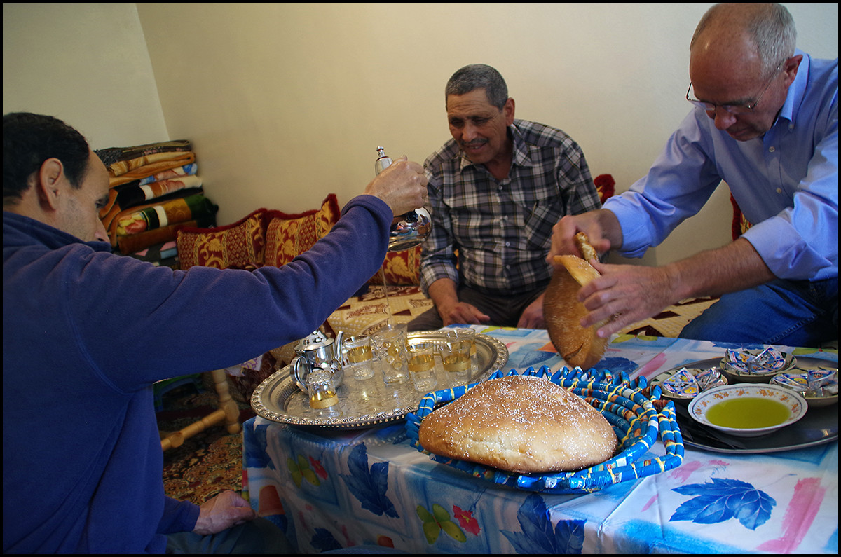 Bread and tea (Moroccan staples) in Hussein's house in the village of Imouzer Tichka in the Atlas Mountains of Morocco/